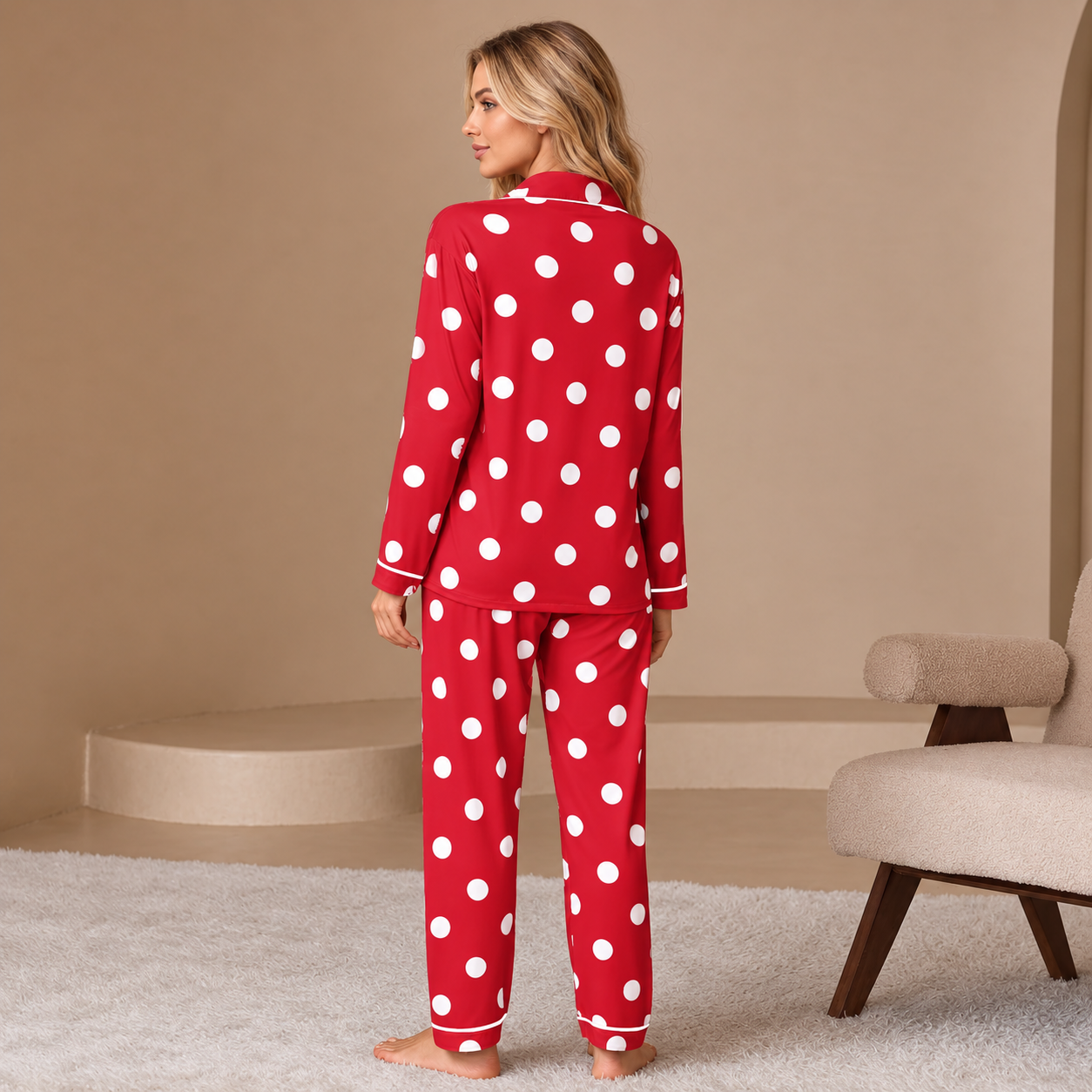 Polka Dot Print Long Sleeve Button Down Shirt And Pants Pajama Set For Women