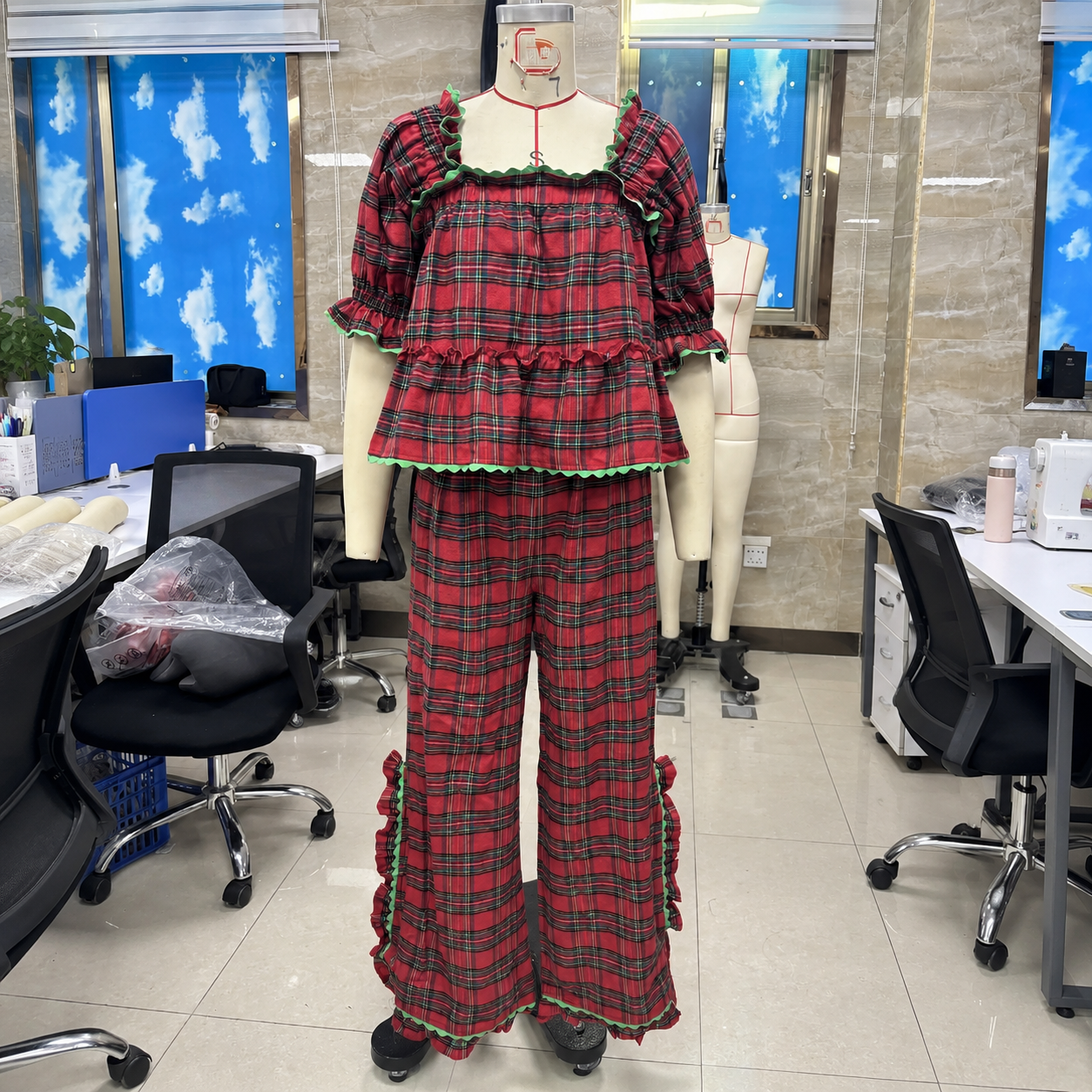 Gingham Style Ruffle Hem Two Piece Pajama Set With Puff Sleeve Top For Women
