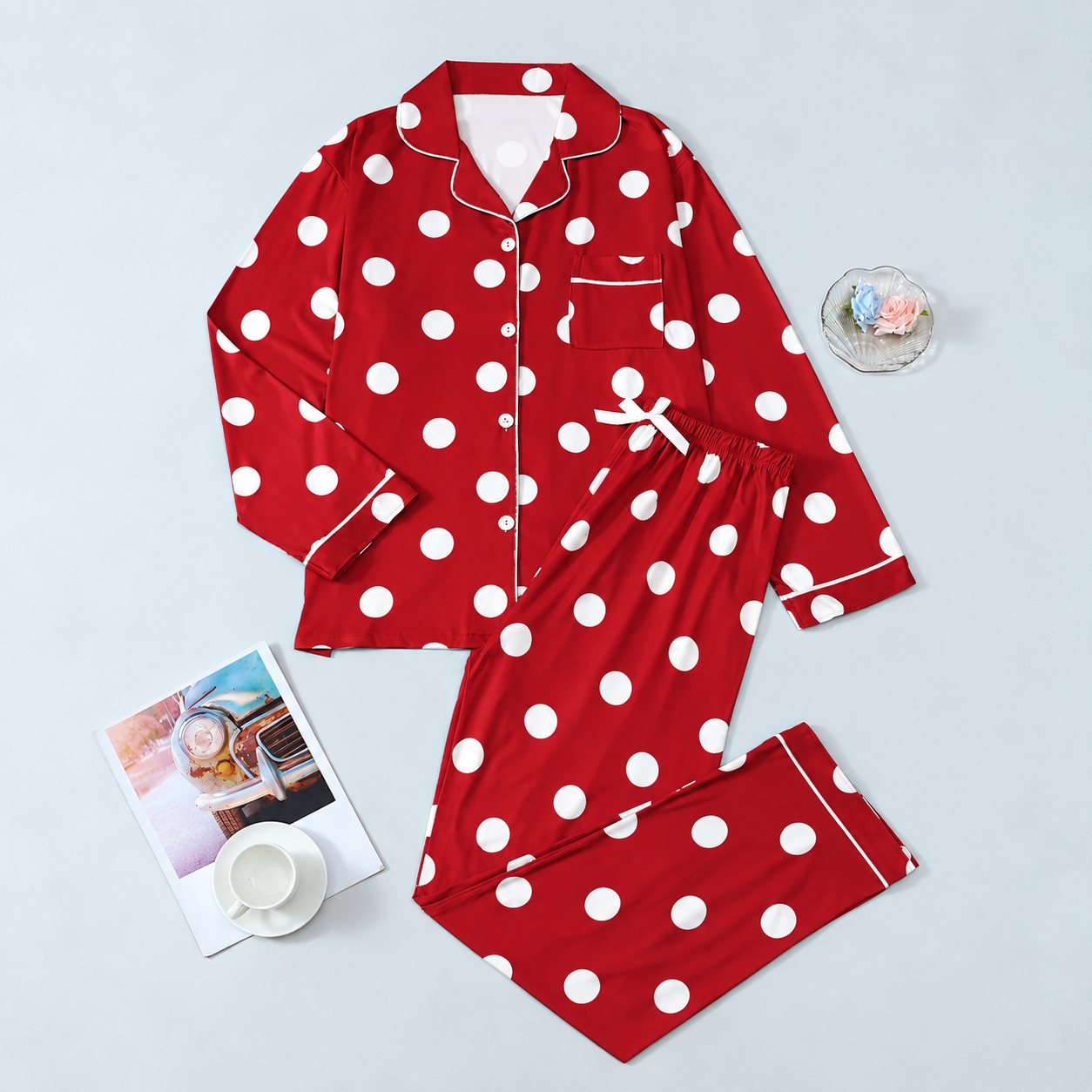 Polka Dot Print Long Sleeve Button Down Shirt And Pants Pajama Set For Women