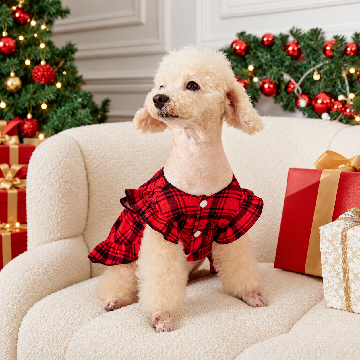 Christmas Plaid Puff Sleeve Dress For Dogs And Cats