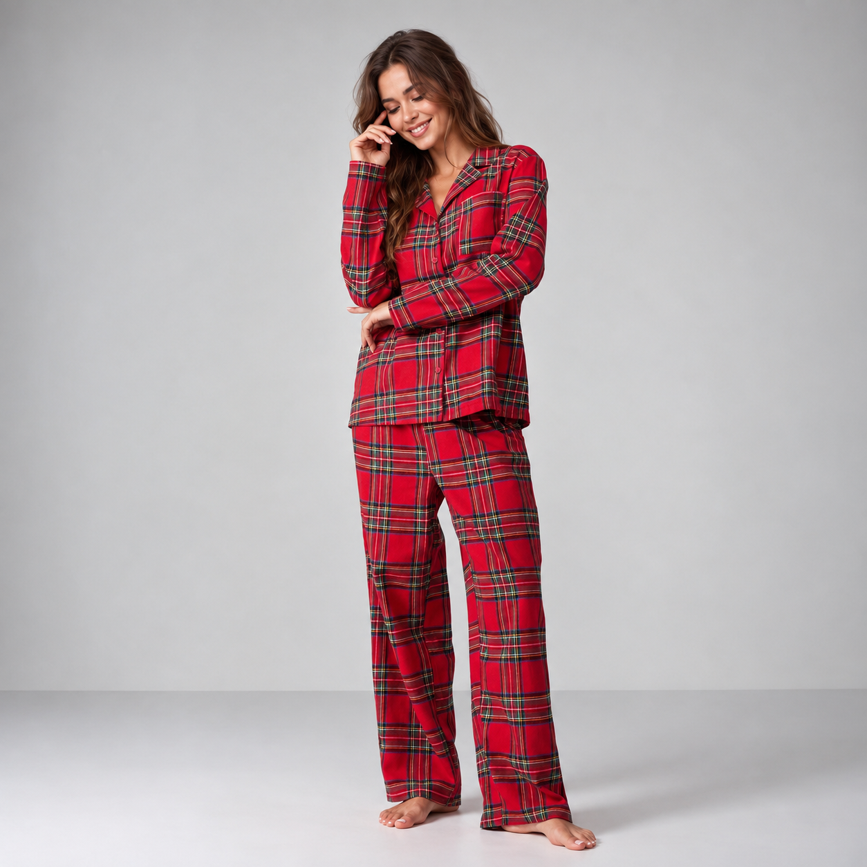 Casual Loose Long Sleeve Button Up Two Piece Matching Pajama Set For Women