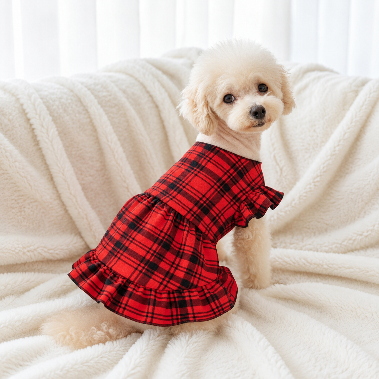 Christmas Plaid Puff Sleeve Dress For Dogs And Cats