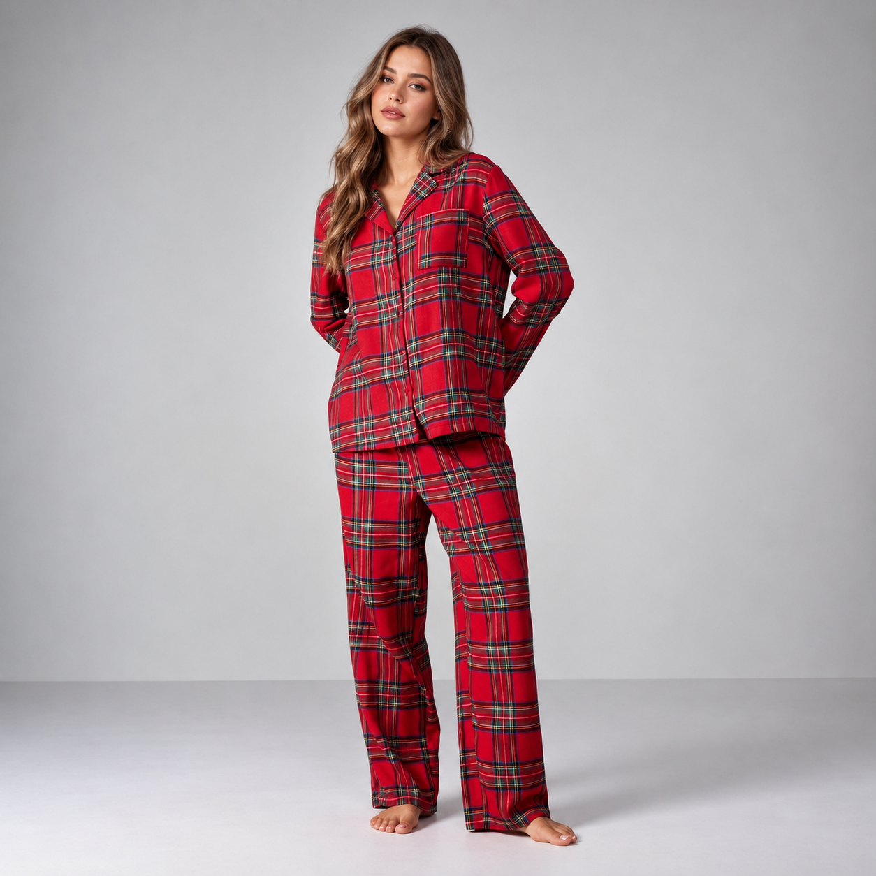 Casual Loose Long Sleeve Button Up Two Piece Matching Pajama Set For Women