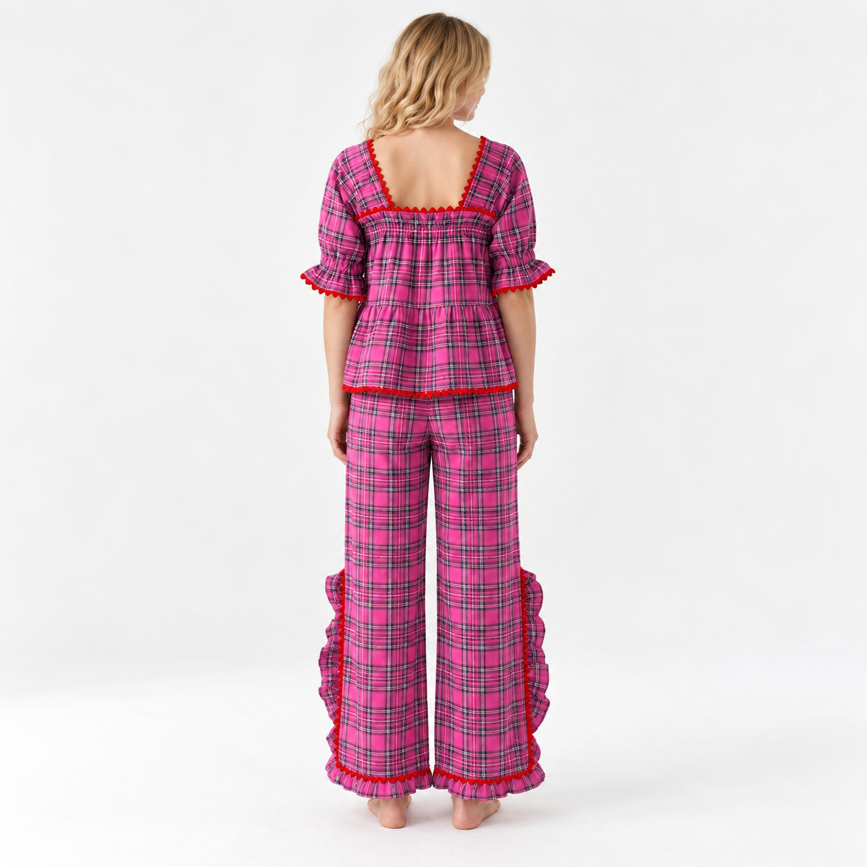 Gingham Style Ruffle Hem Two Piece Pajama Set With Puff Sleeve Top For Women