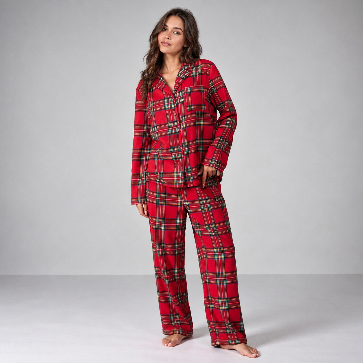 Casual Loose Long Sleeve Button Up Two Piece Matching Pajama Set For Women