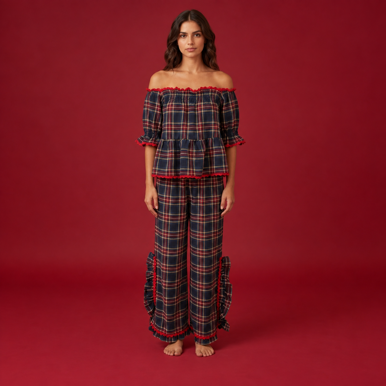 Gingham Style Ruffle Hem Two Piece Pajama Set With Puff Sleeve Top For Women