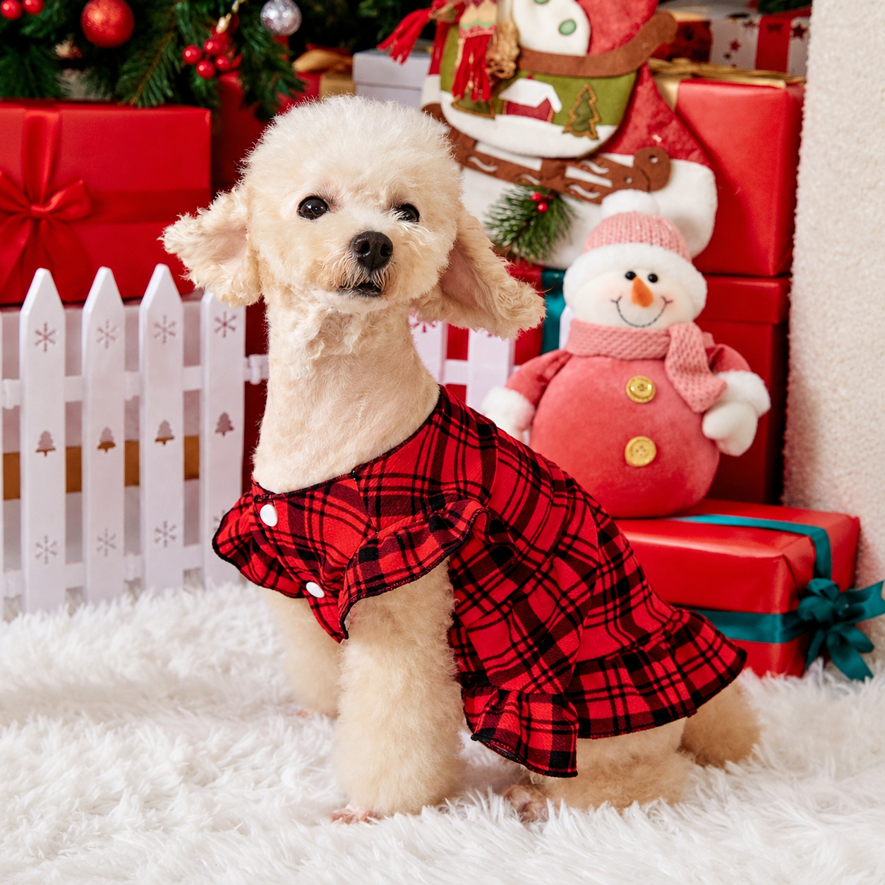 Christmas Plaid Puff Sleeve Dress For Dogs And Cats