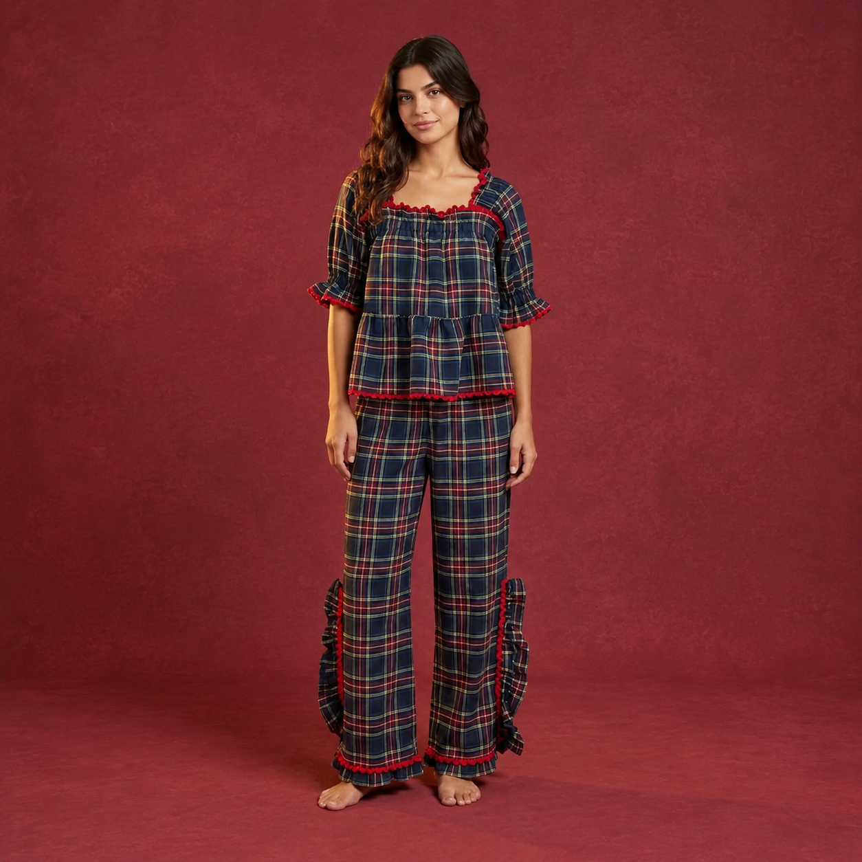 Gingham Style Ruffle Hem Two Piece Pajama Set With Puff Sleeve Top For Women