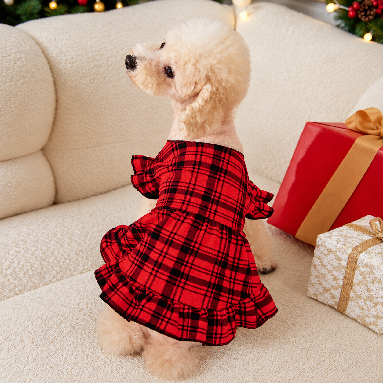Christmas Plaid Puff Sleeve Dress For Dogs And Cats