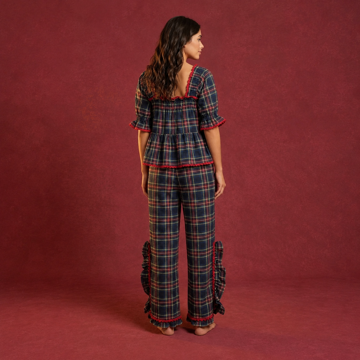 Gingham Style Ruffle Hem Two Piece Pajama Set With Puff Sleeve Top For Women
