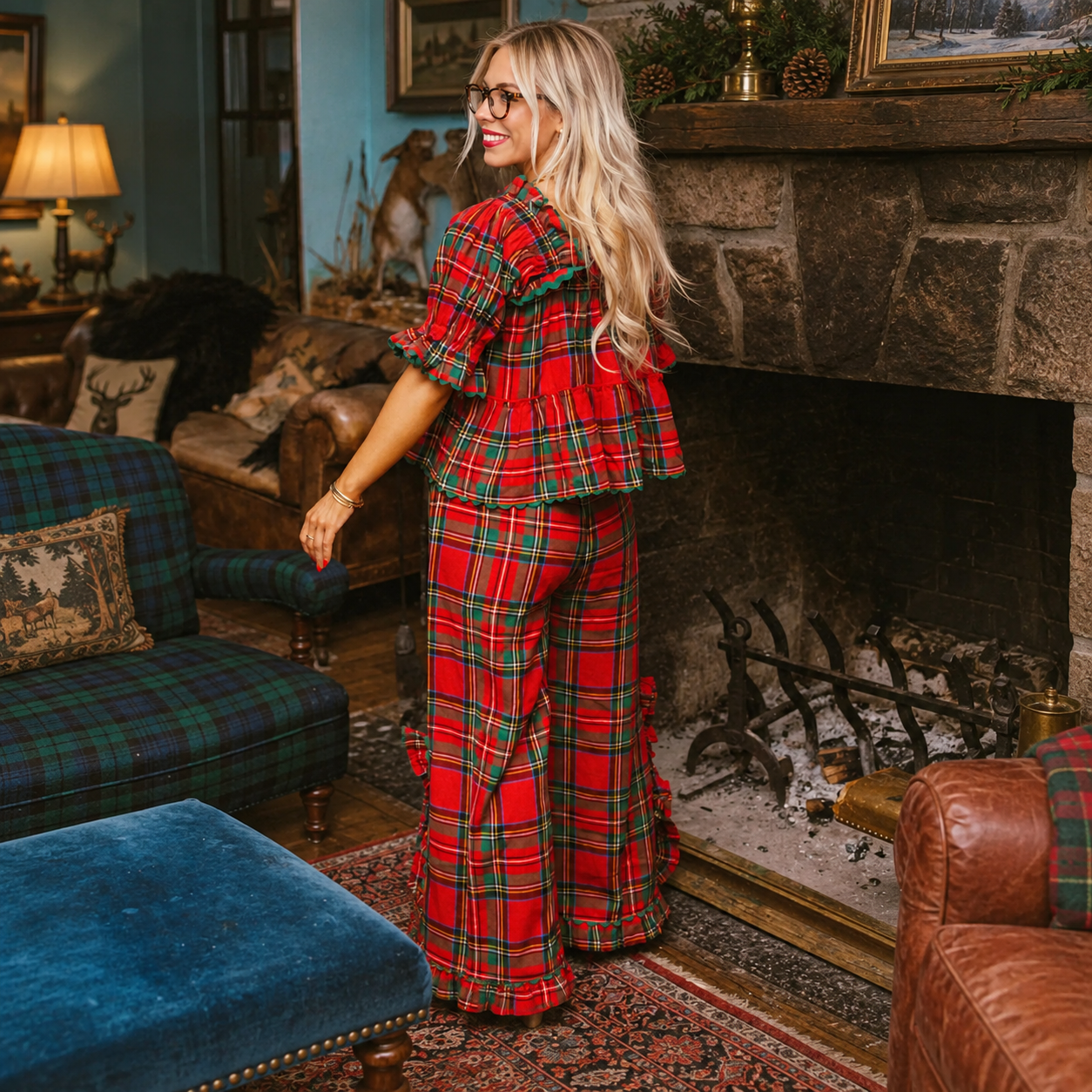 Gingham Style Ruffle Hem Two Piece Pajama Set With Puff Sleeve Top For Women
