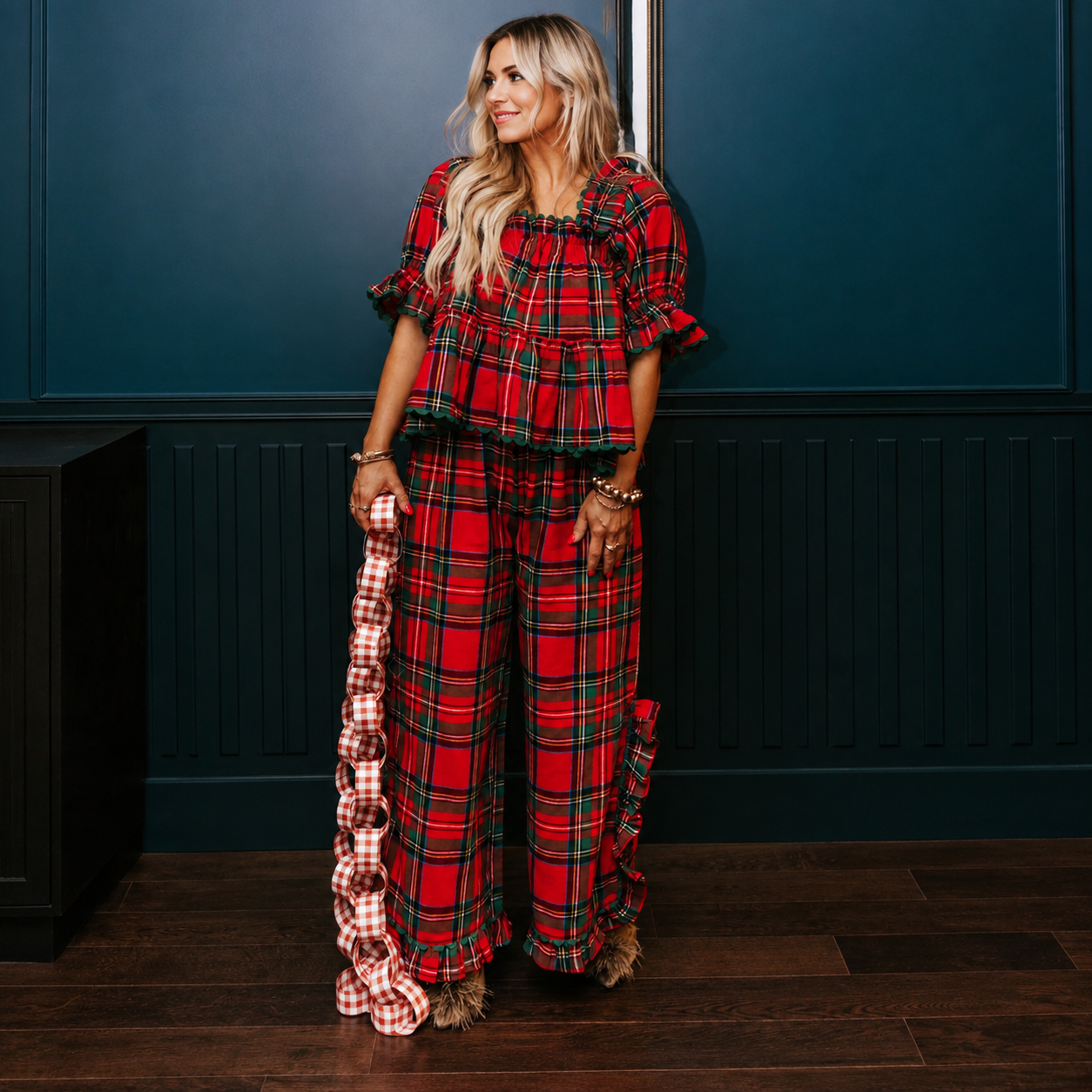Gingham Style Ruffle Hem Two Piece Pajama Set With Puff Sleeve Top For Women