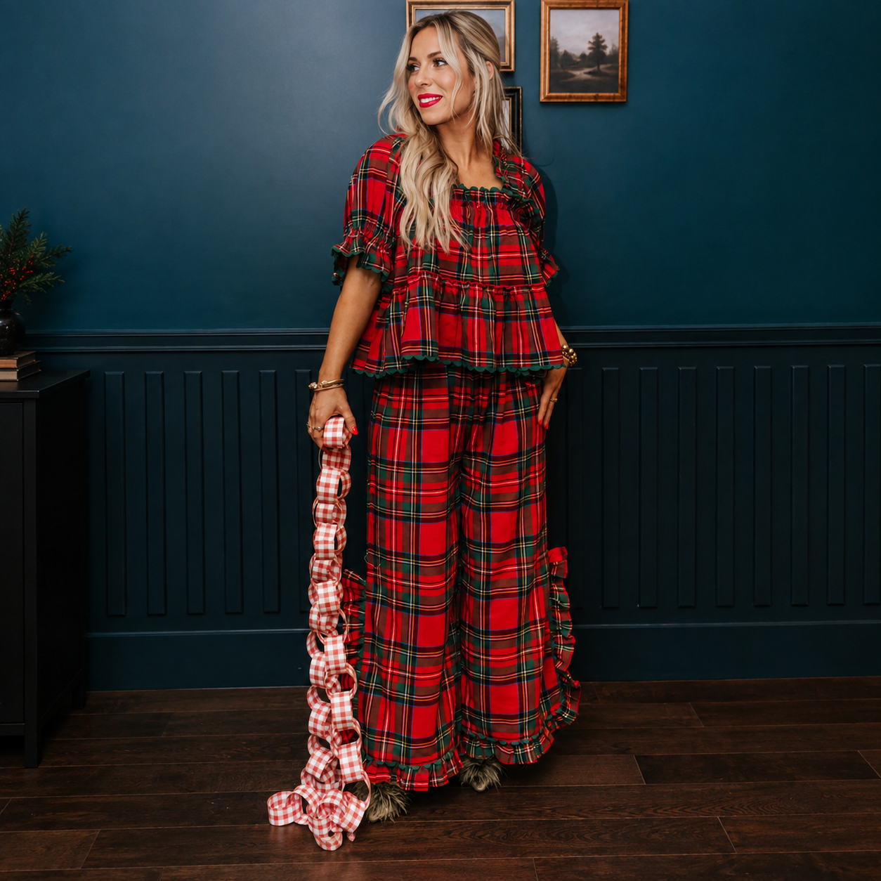 Gingham Style Ruffle Hem Two Piece Pajama Set With Puff Sleeve Top For Women