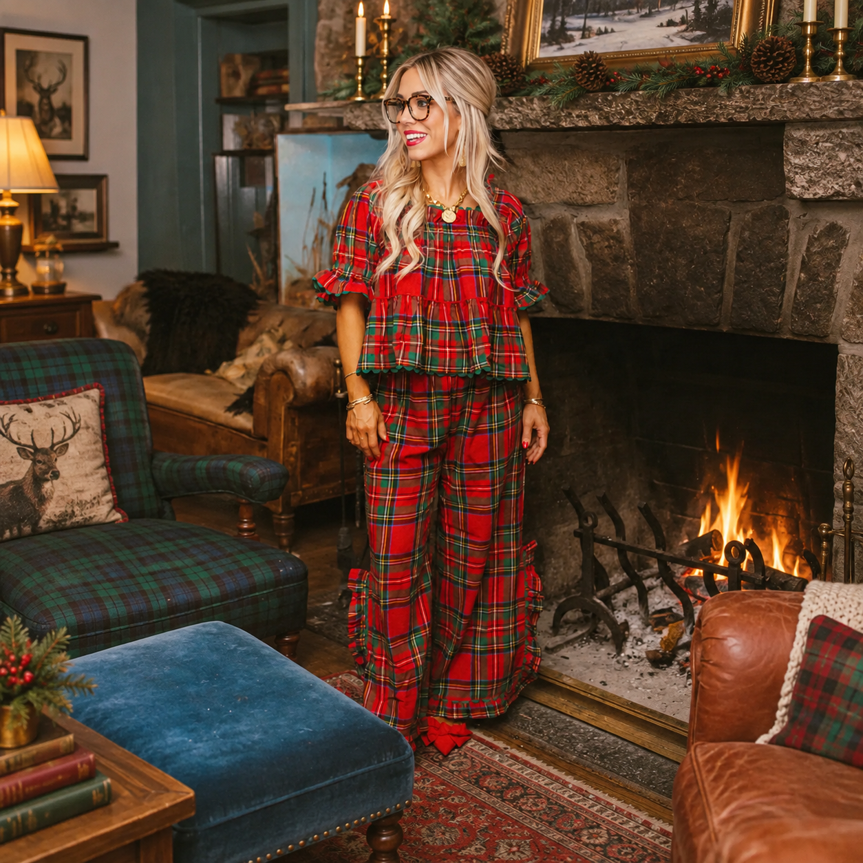 Gingham Style Ruffle Hem Two Piece Pajama Set With Puff Sleeve Top For Women