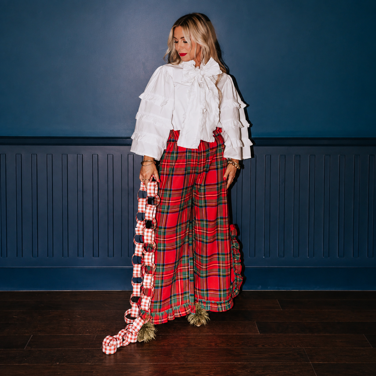 Gingham Style Ruffle Hem Two Piece Pajama Set With Puff Sleeve Top For Women