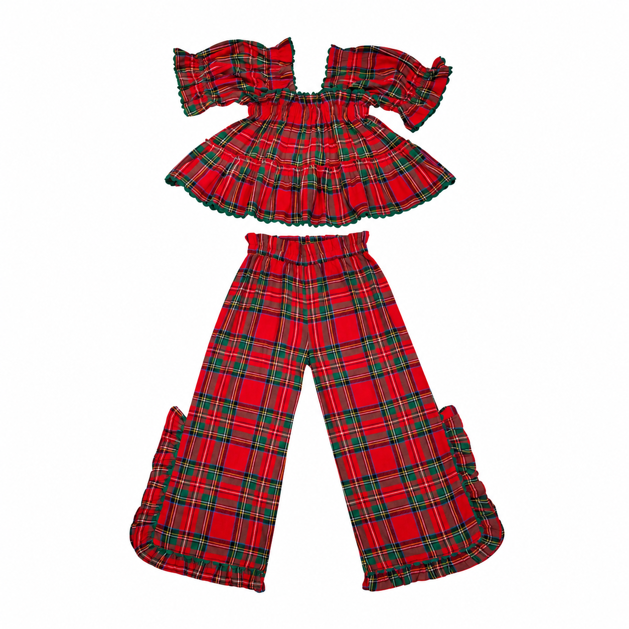Gingham Style Ruffle Hem Two Piece Pajama Set With Puff Sleeve Top For Women
