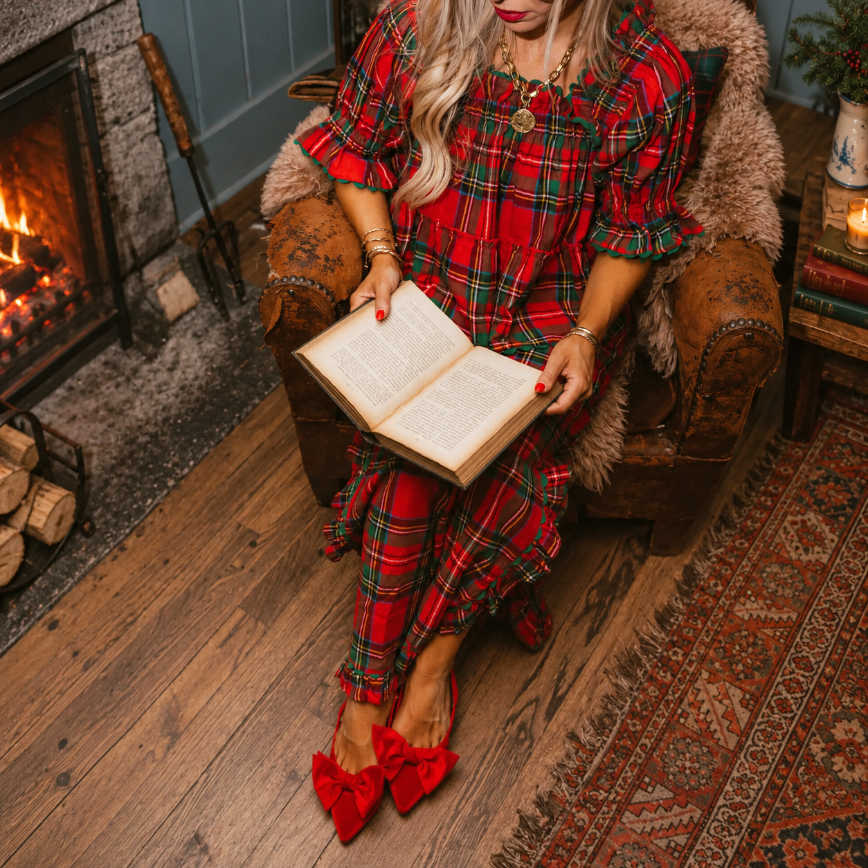 Gingham Style Ruffle Hem Two Piece Pajama Set With Puff Sleeve Top For Women