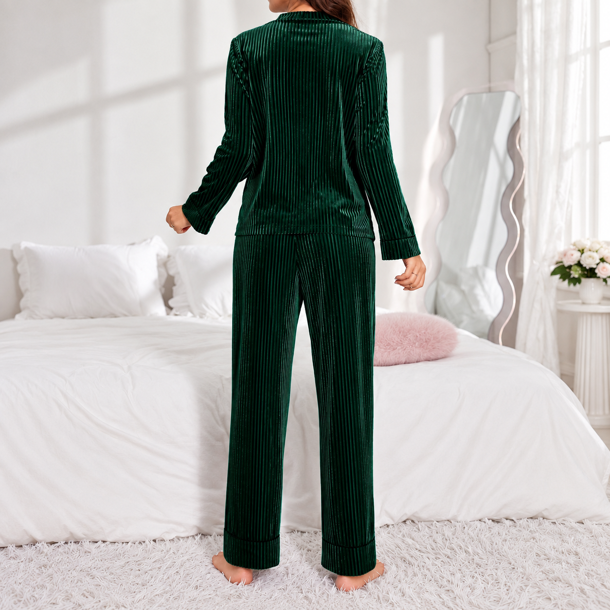 Casual Long Sleeve Button Down Top Pants Two Piece Pajama Set For Women