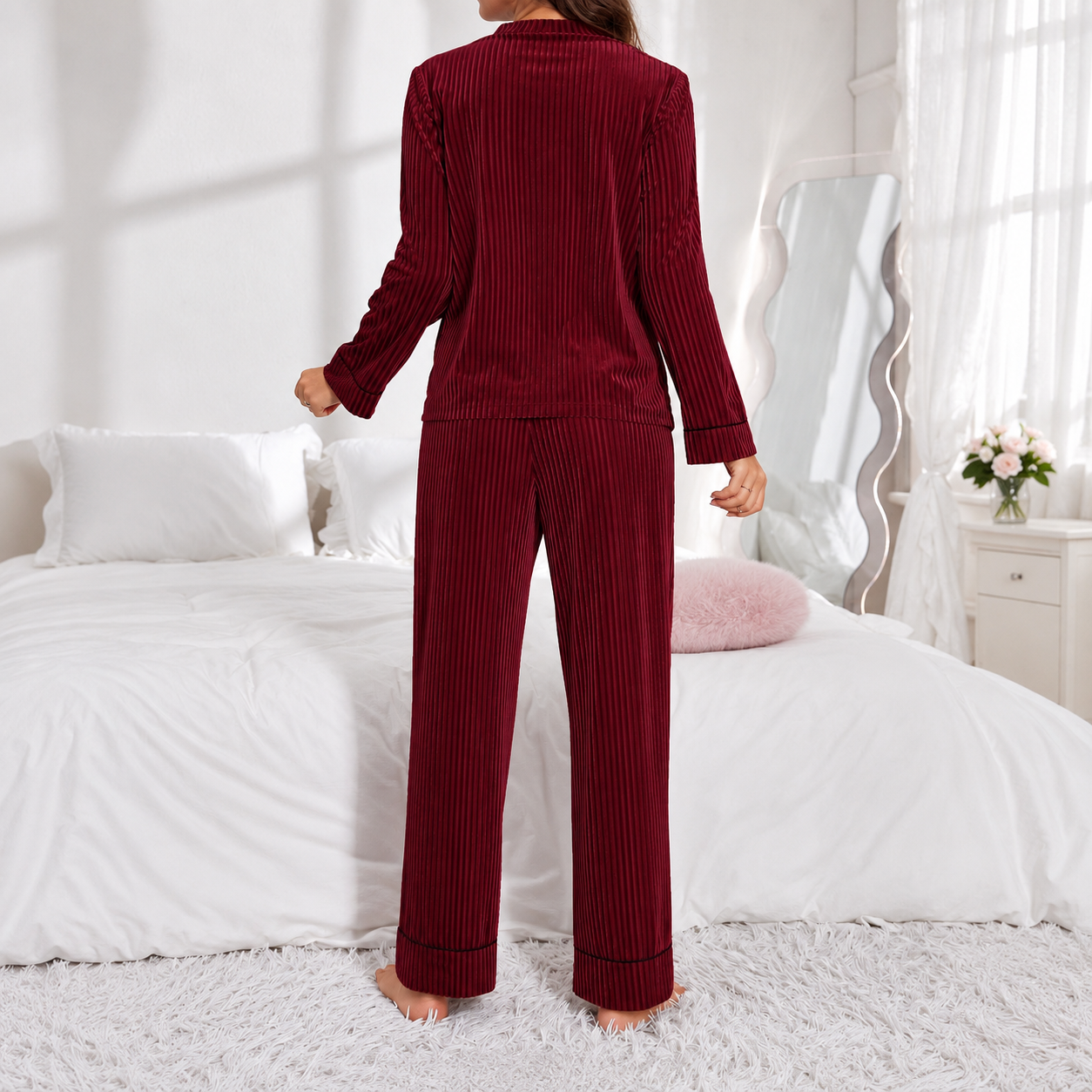 Casual Long Sleeve Button Down Top Pants Two Piece Pajama Set For Women