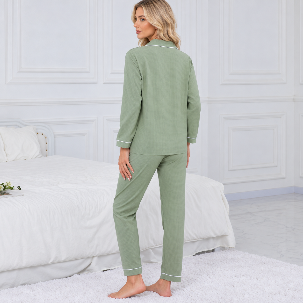 Casual Loose Fit Embroidered Two Piece Pajama Set With Bow Detail For Women