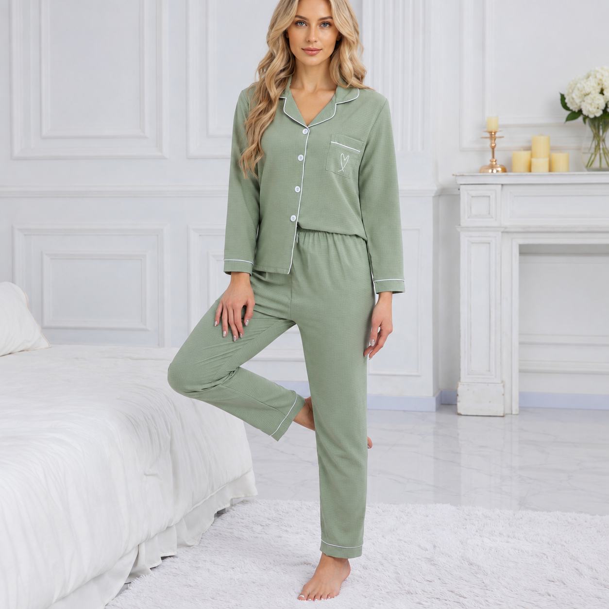 Casual Loose Fit Embroidered Two Piece Pajama Set With Bow Detail For Women