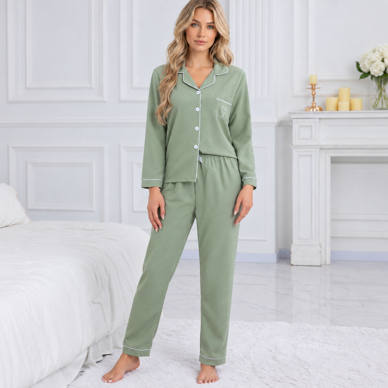 Casual Loose Fit Embroidered Two Piece Pajama Set With Bow Detail For Women