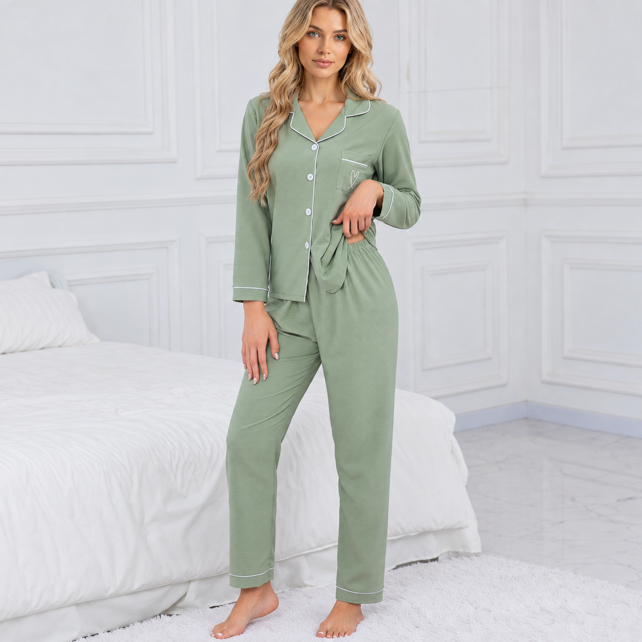 Casual Loose Fit Embroidered Two Piece Pajama Set With Bow Detail For Women