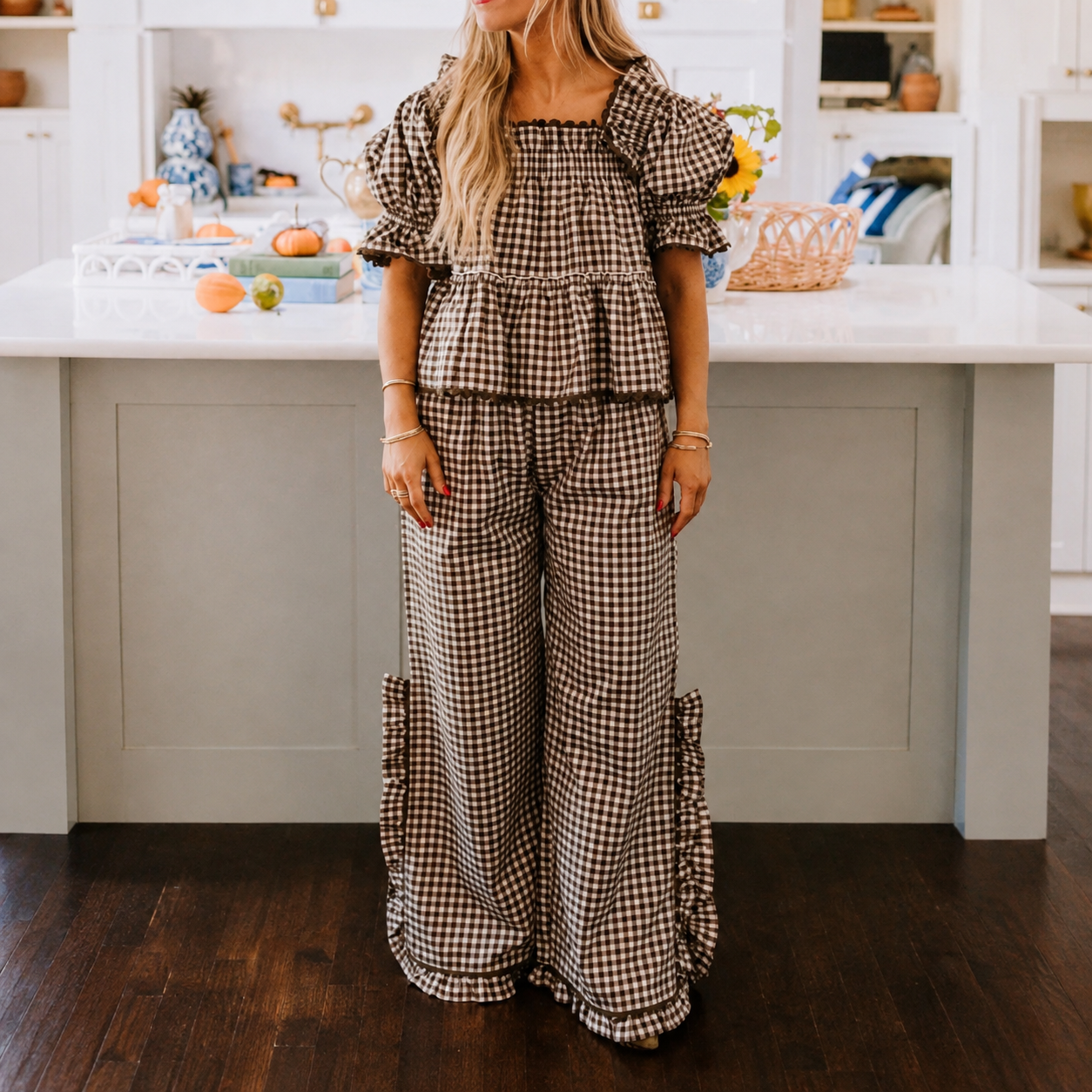 Gingham Style Ruffle Hem Two Piece Pajama Set With Puff Sleeve Top For Women
