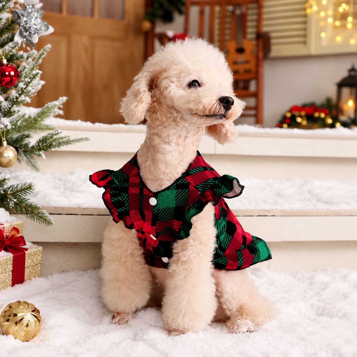 Christmas Plaid Puff Sleeve Dress For Dogs And Cats