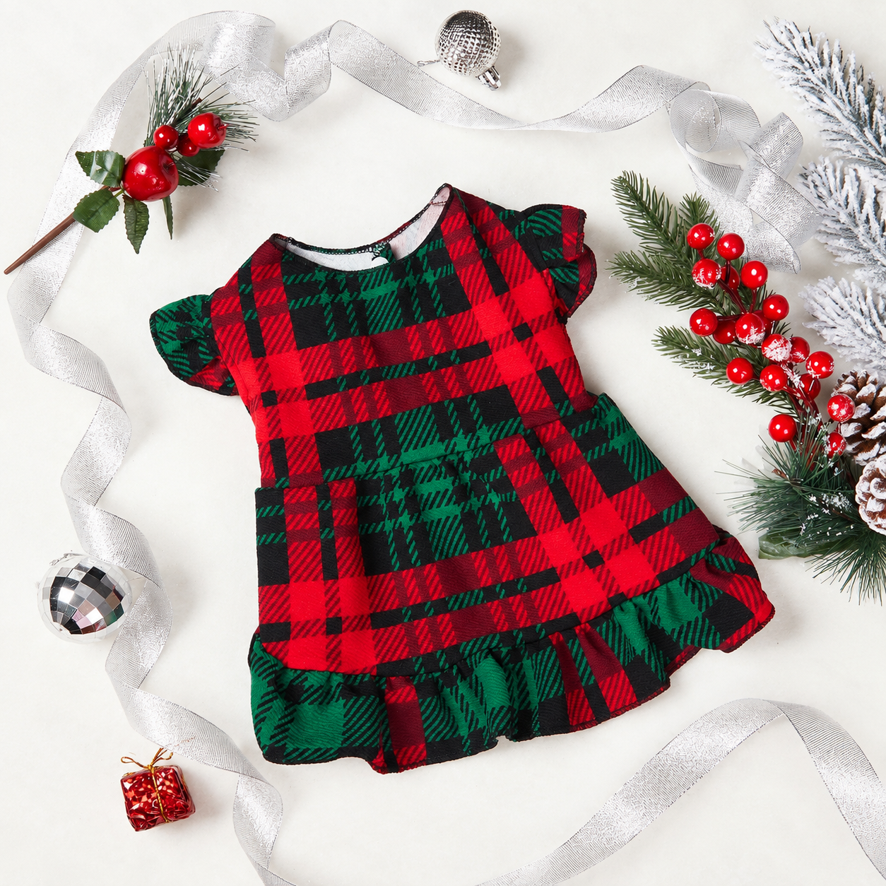 Christmas Plaid Puff Sleeve Dress For Dogs And Cats