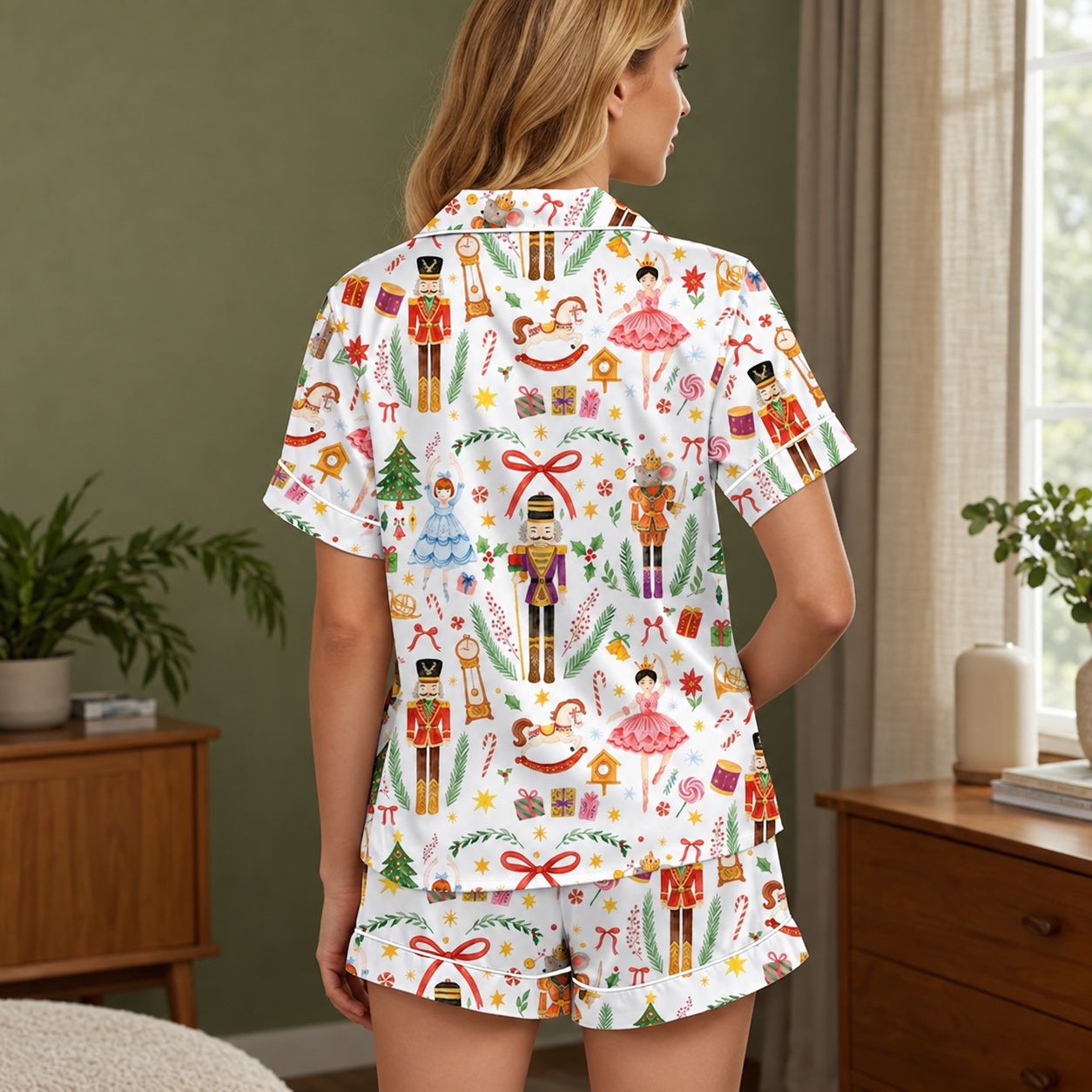 Christmas Santa Nutcracker Holiday Print Pajama Set For Women