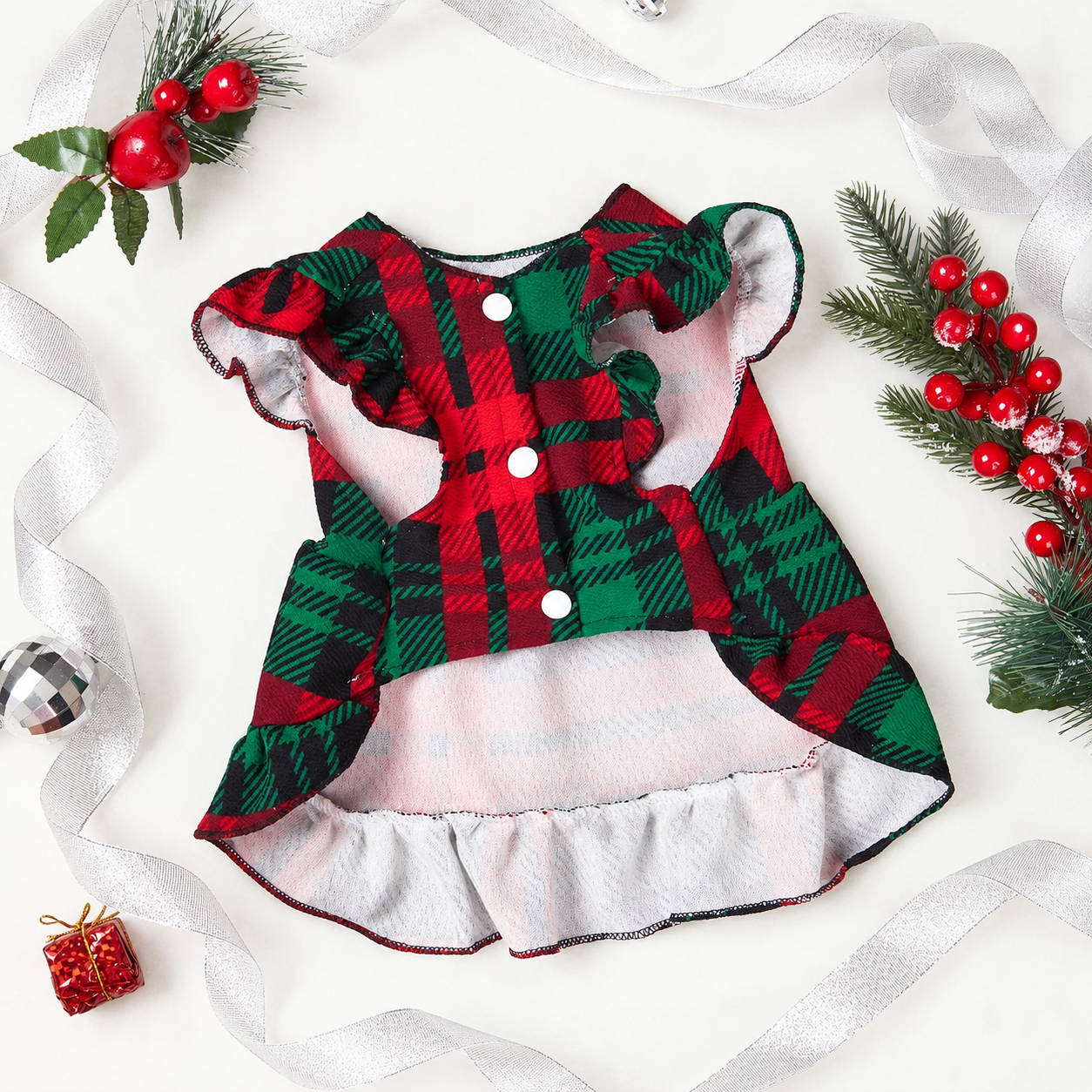 Christmas Plaid Puff Sleeve Dress For Dogs And Cats
