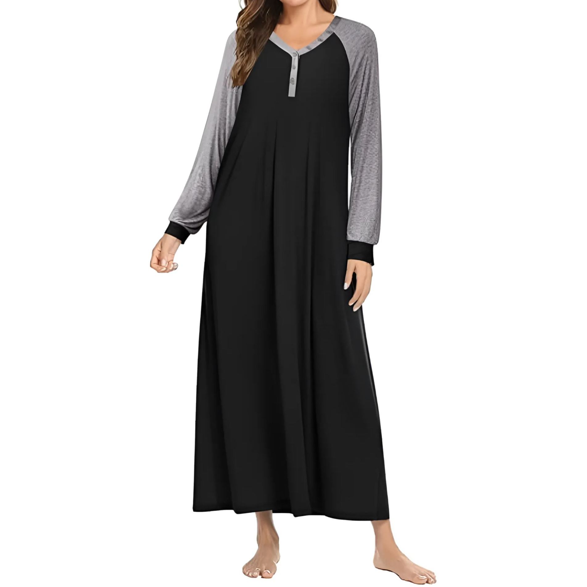 Long Sleeve Plaid Nightgown Button Front Sleep Dress For Women