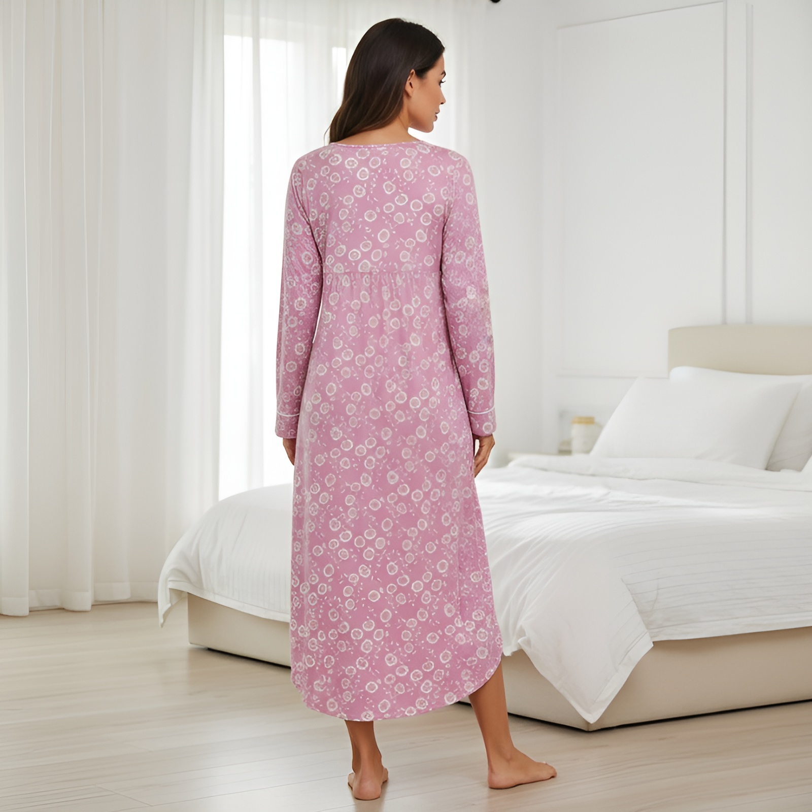 Classic Nightgown With Long Sleeve Button Down Design For Women
