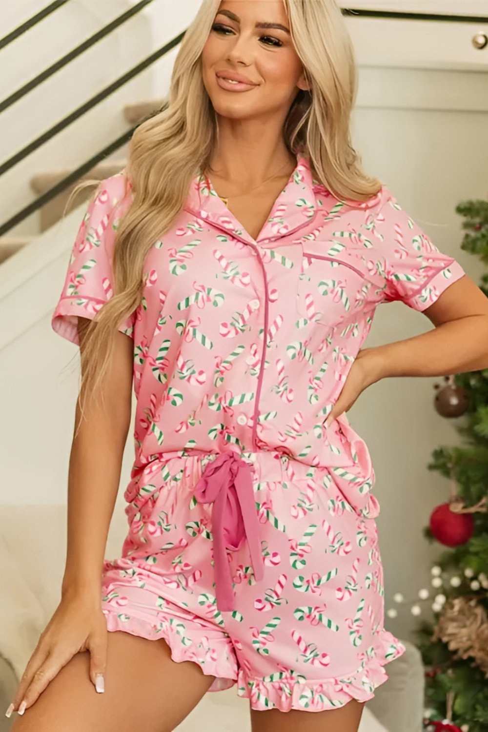Festive Candy Cane Print Shorts Set-Original Pajamas