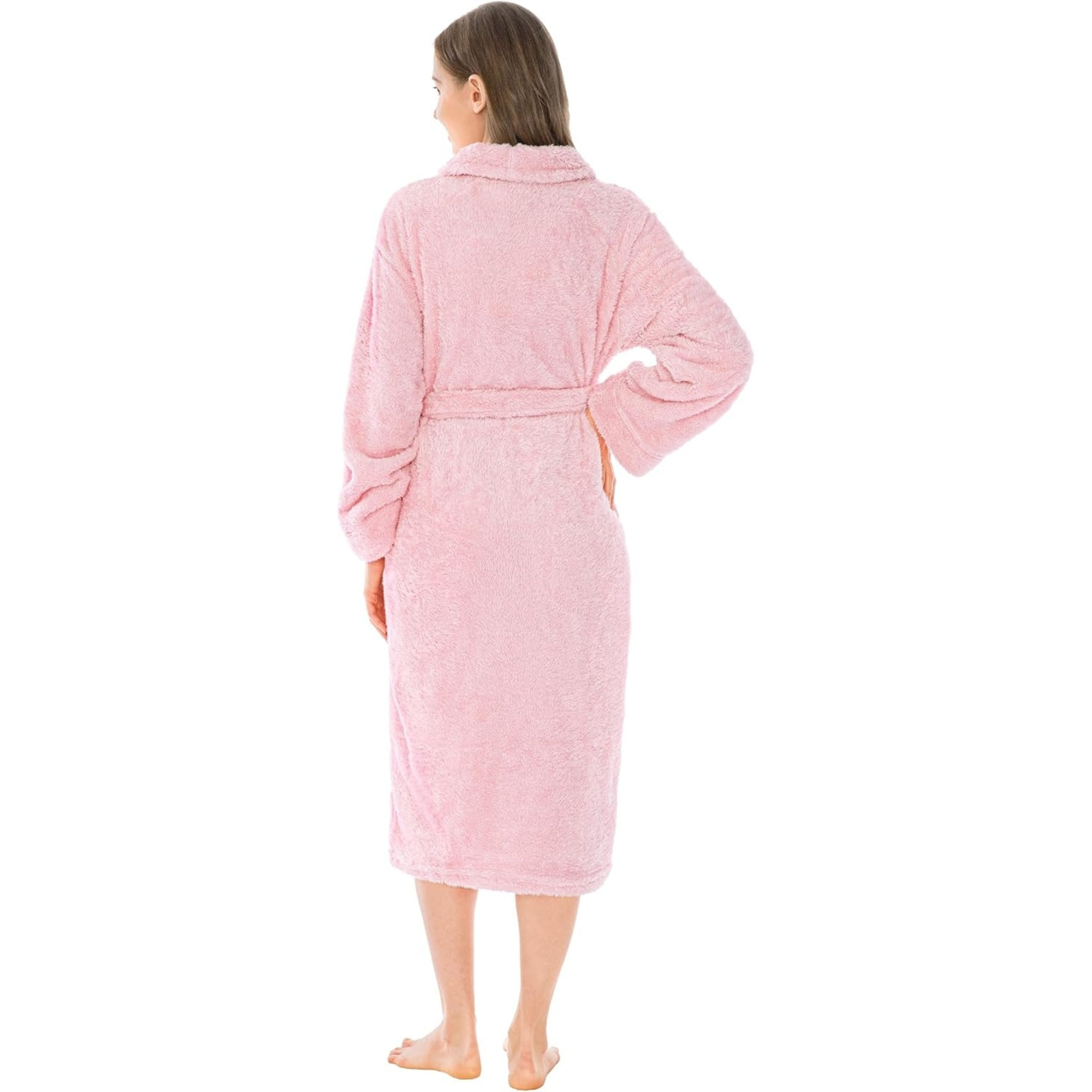 Plush Fleece Sherpa Style Long Bath Robe With Side Pockets For Women