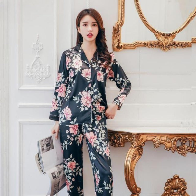 Long Sleeve 2 Piece Pajama Set Turn-down Collar Sleepwear For Women