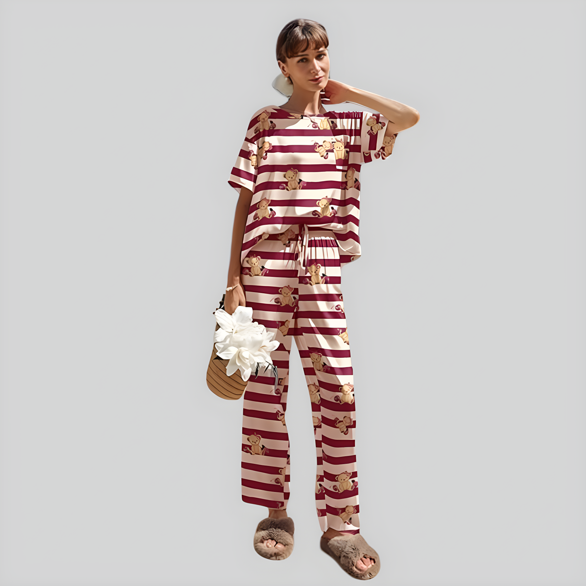 Women Satin Pajama Set Short Sleeve Top with Long Pants Sleepwear