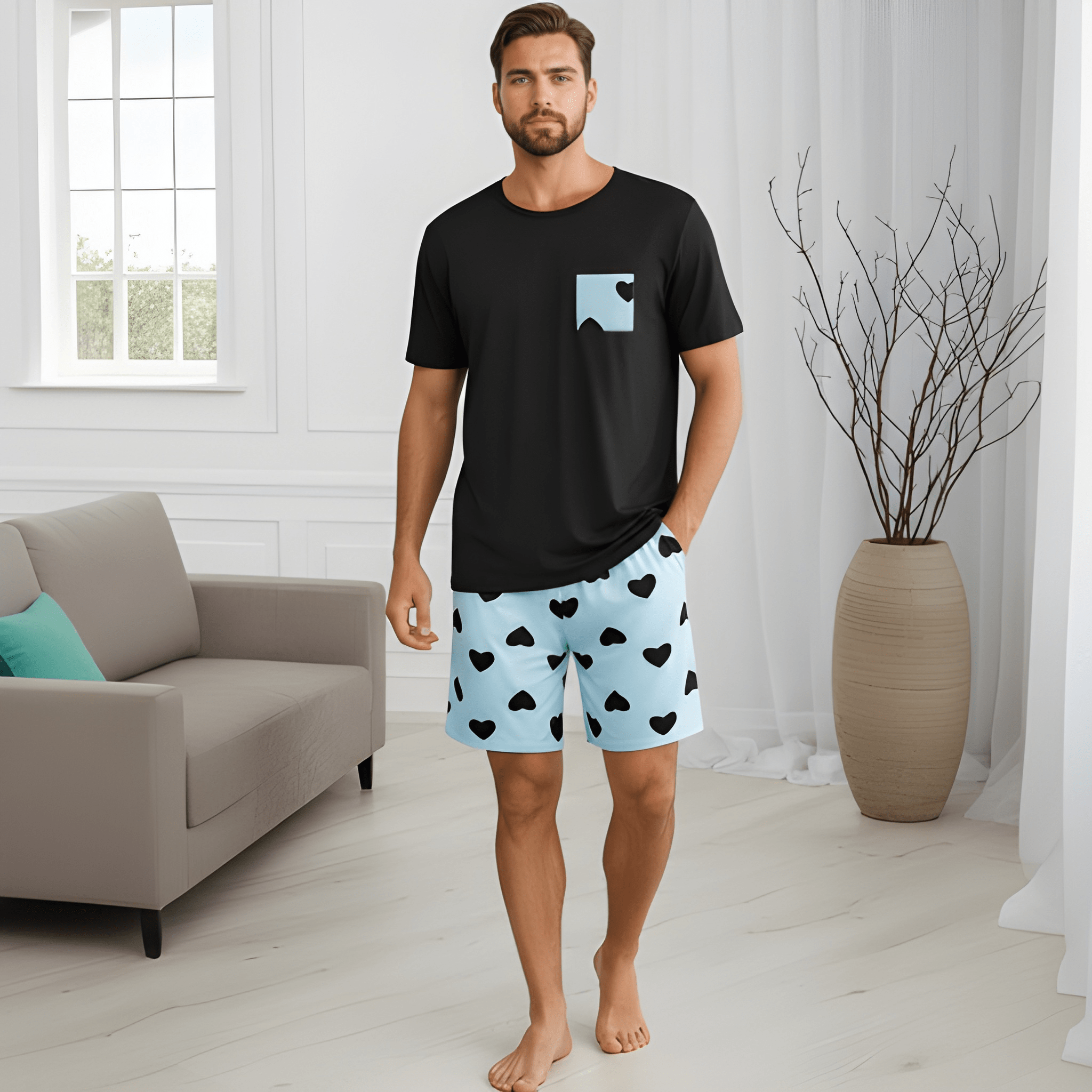 Short Sleeve Printed Two Piece Matching Pajama Set For Couple