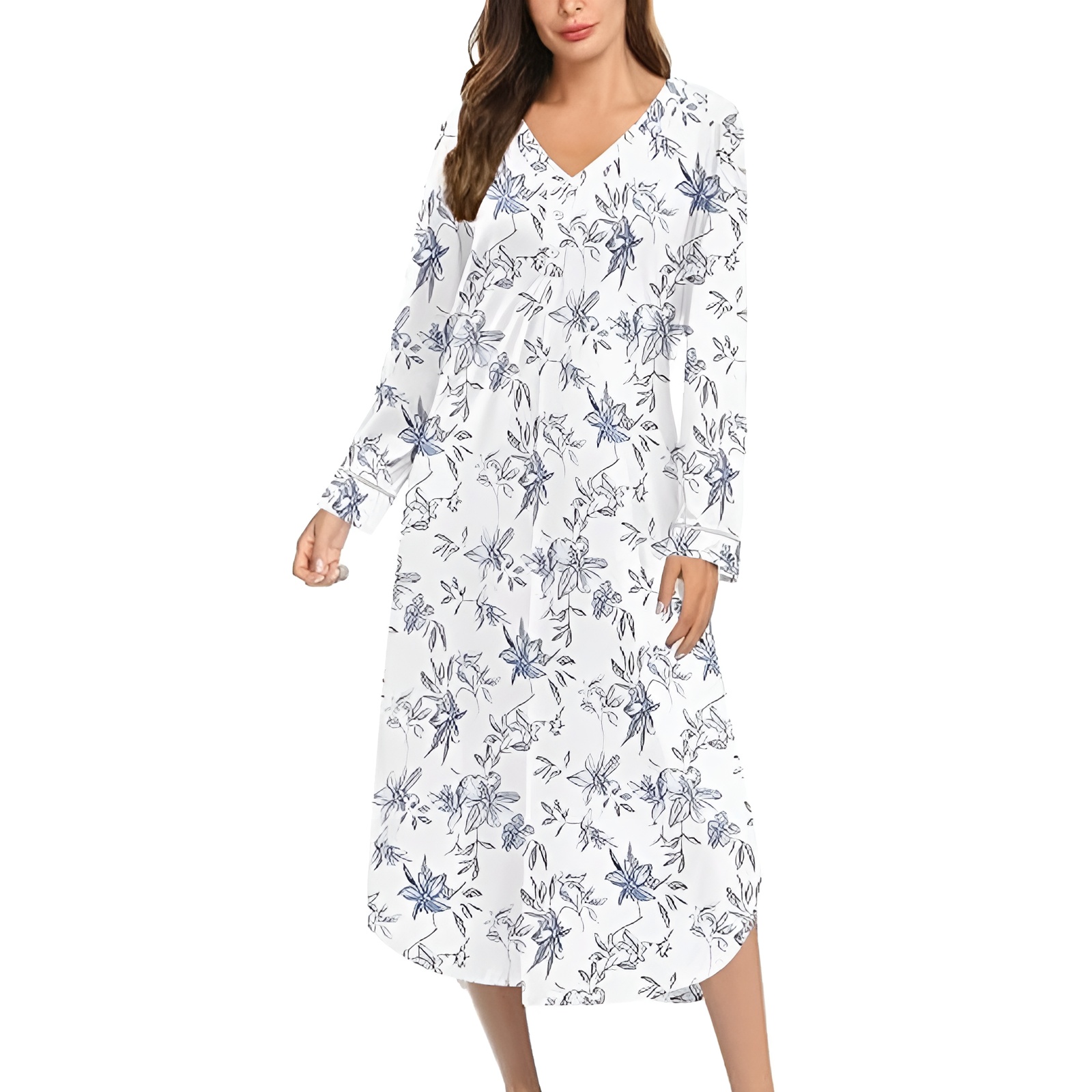 Classic Nightgown With Long Sleeve Button Down Design For Women