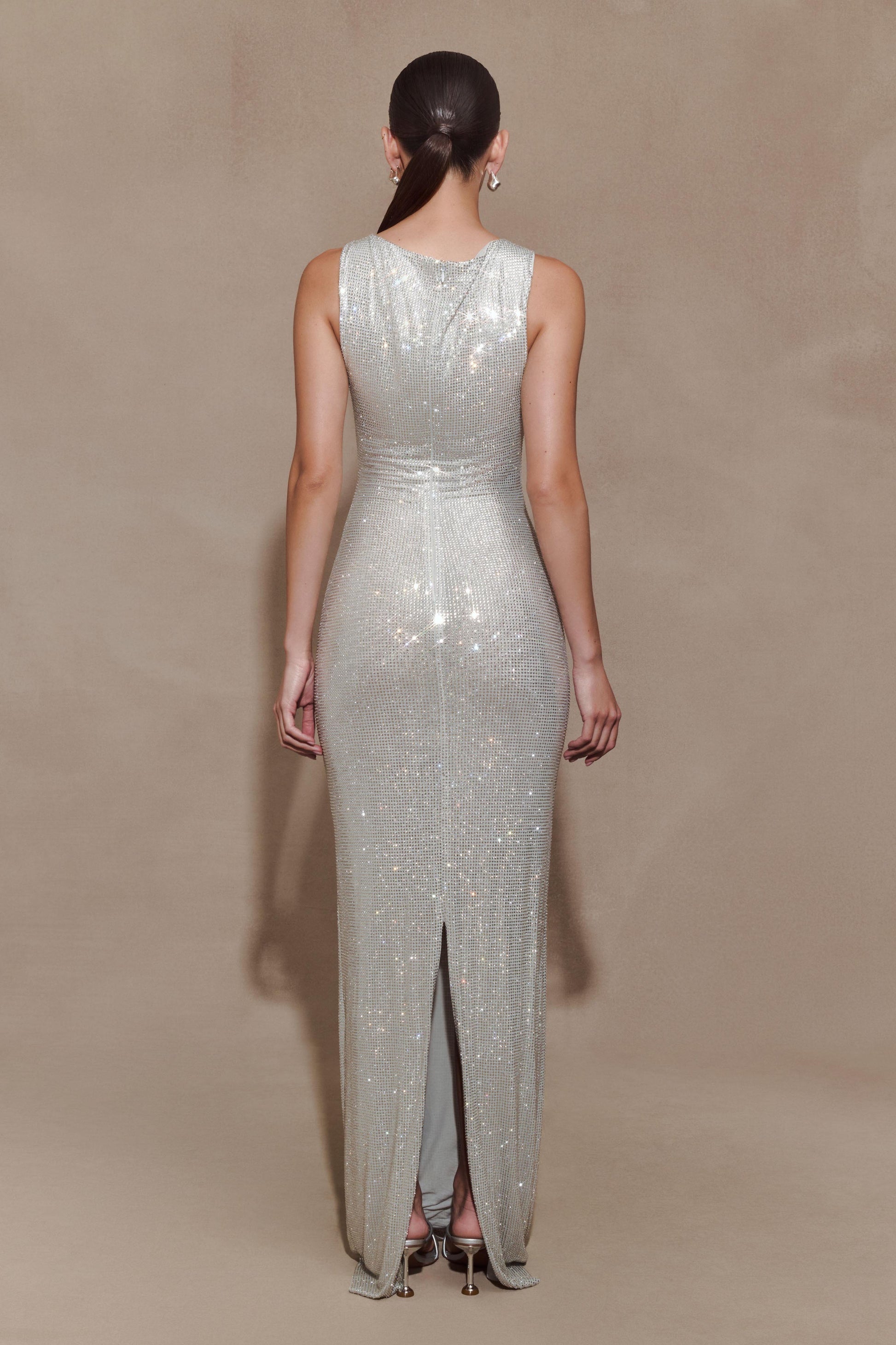 Sleeveless Diamante Maxi Dress - Silver