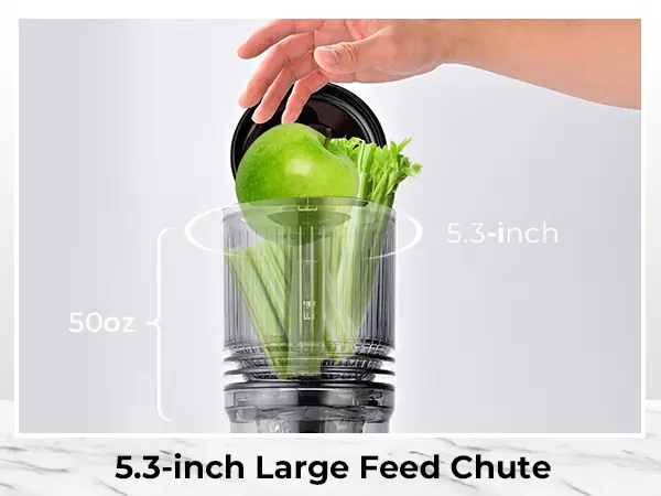 Product Introduction of SUSTEAS Cold Press Juicer, 5.3 Inch Large Feed Opening, Slow Masticator Chute, For Whole Vegetables and Fruits, High Yield, Easy to Clean Springtok Steel 1