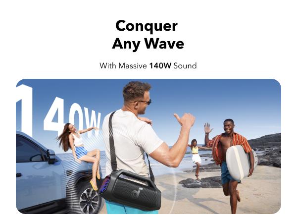 Product Introduction of soundcore Boom 2 Plus/Pro by Anker. Outdoor Speaker. 140W. 2+2 Channel. BassUp 2.0. 20H Playtime. Fast Charge. IPX7 Waterproof. RGB Lights. Power Bank. Bluetooth 5.3. Portable for Outdoors. Camping. Beach 3