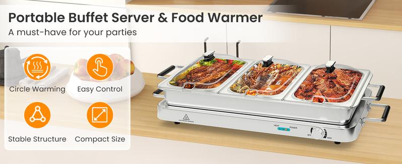 Product Introduction of COSTWAY Buffet Servers and Warmers, 2 in 1 Electric Warming Tray, 450W Stainless Steel Chafing Dish with Temperature Control, 3 Serving Trays, 8 Qt Food Warmers Station for Parties Banquets Events-Deals for You Days 0