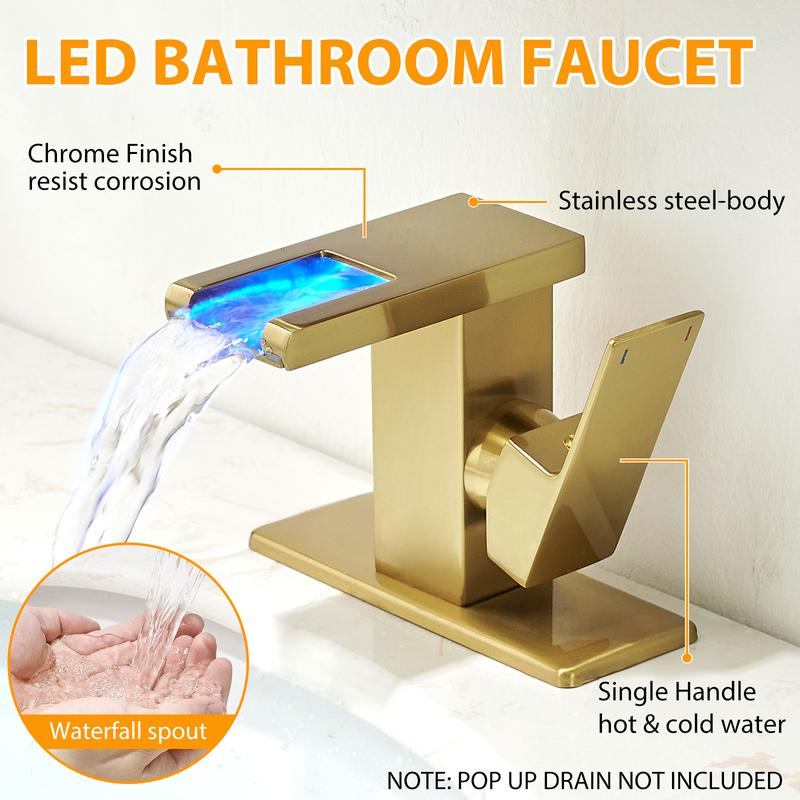 Product Introduction of BESy LED Stainless Steel Waterfall Black Bathroom Faucet. Single Hole Bathroom Sink Faucet. 3 Colors Light Changing Single Handle Vanity Faucets with Supply Lines. Rv One Hole Faucet 13