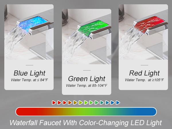 Product Introduction of BESy LED Stainless Steel Waterfall Black Bathroom Faucet. Single Hole Bathroom Sink Faucet. 3 Colors Light Changing Single Handle Vanity Faucets with Supply Lines. Rv One Hole Faucet 7