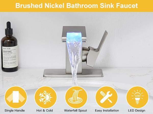 Product Introduction of BESy LED Stainless Steel Waterfall Black Bathroom Faucet. Single Hole Bathroom Sink Faucet. 3 Colors Light Changing Single Handle Vanity Faucets with Supply Lines. Rv One Hole Faucet 21