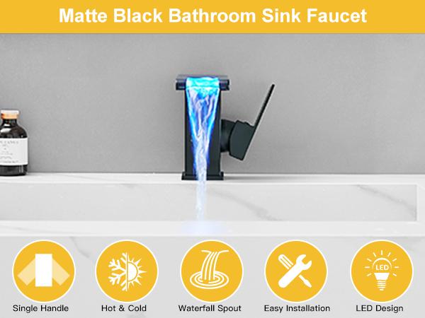 Product Introduction of BESy LED Stainless Steel Waterfall Black Bathroom Faucet. Single Hole Bathroom Sink Faucet. 3 Colors Light Changing Single Handle Vanity Faucets with Supply Lines. Rv One Hole Faucet 1