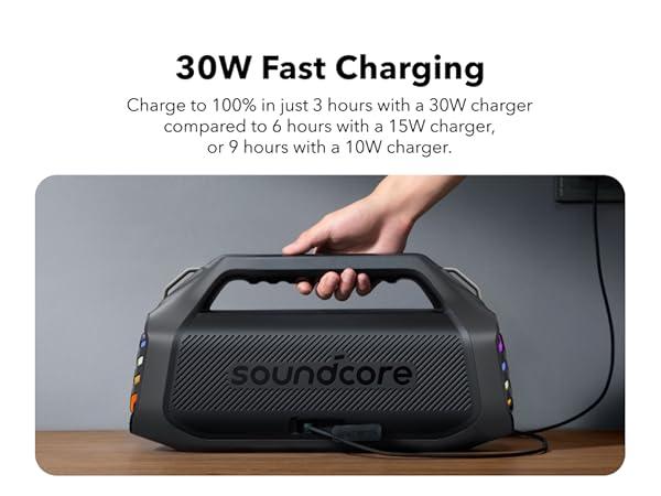Product Introduction of soundcore Boom 2 Plus/Pro by Anker. Outdoor Speaker. 140W. 2+2 Channel. BassUp 2.0. 20H Playtime. Fast Charge. IPX7 Waterproof. RGB Lights. Power Bank. Bluetooth 5.3. Portable for Outdoors. Camping. Beach 16