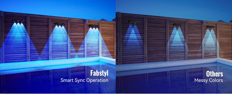 Product Introduction of FabStyl RGB Solar Wall Fence Lights, Synchronously Change Color, Solar Step Lights, Bright Wall Lights, Outdoor Waterproof, Solar Powered Patio Decor for Wall, Rail, Porch, Backyard, Garden. Perfect for holiday decorations 8